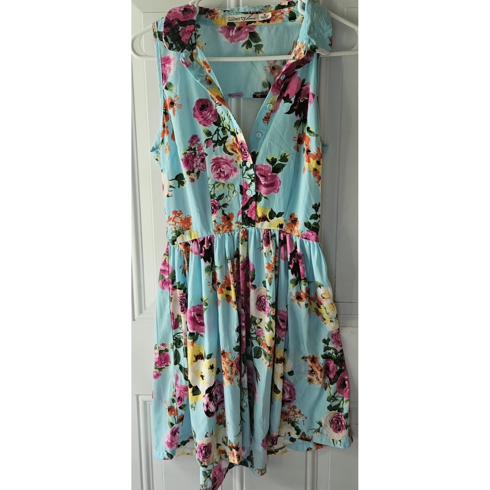 Liberty Love Womens Medium Floral Dress Blue Sleeveless Open Back Button...